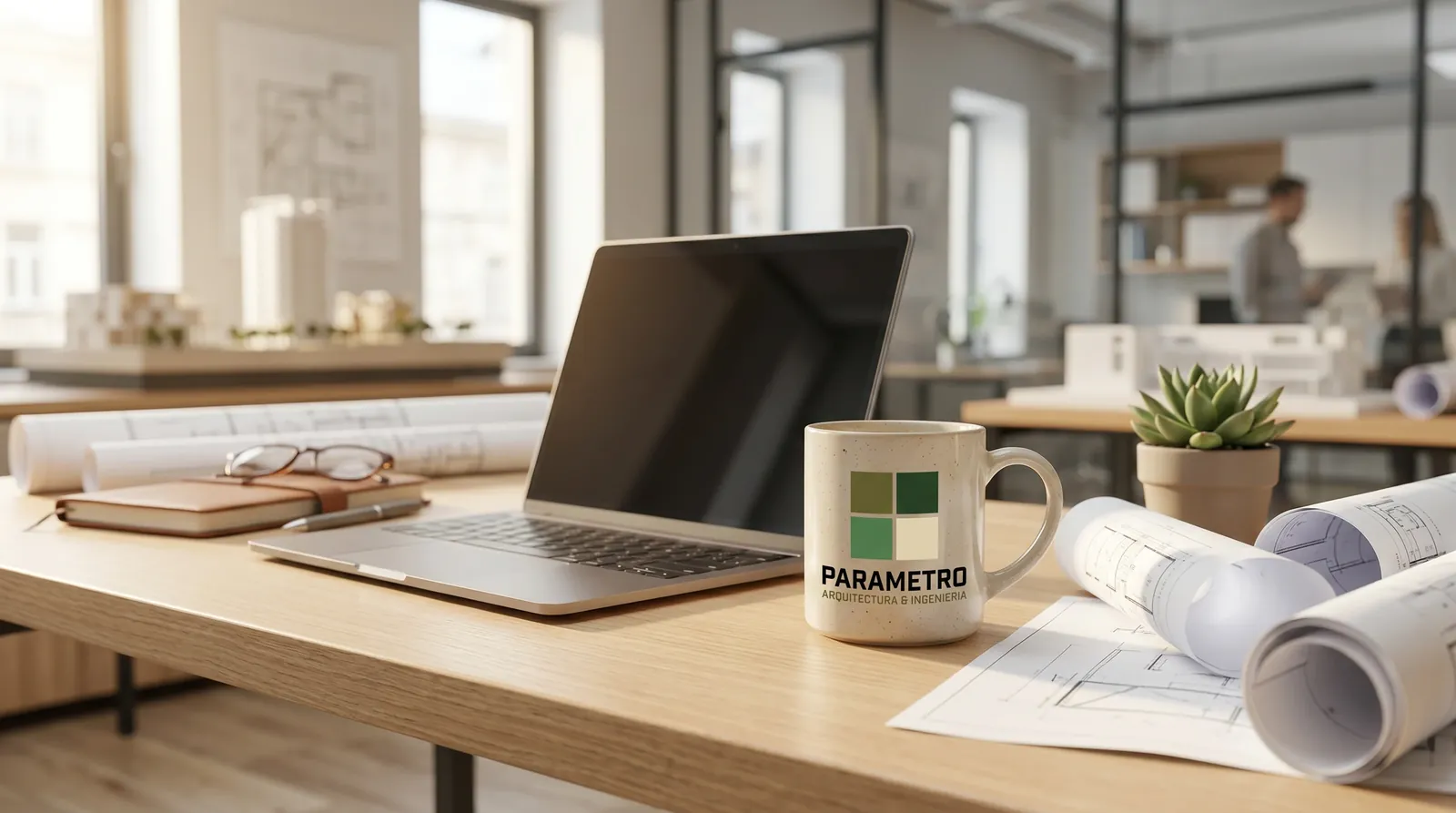 Escritorio de asesoría en construcción de Parámetro: portátil, planos y taza con el logo de la firma en Cali